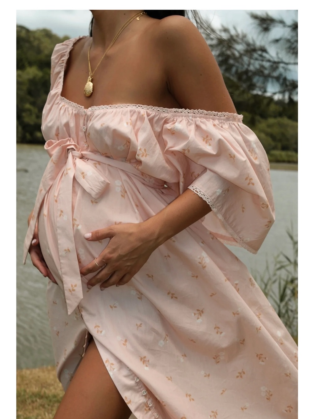 Maternity Off-Shoulder Maxi Dress in Blush Pink